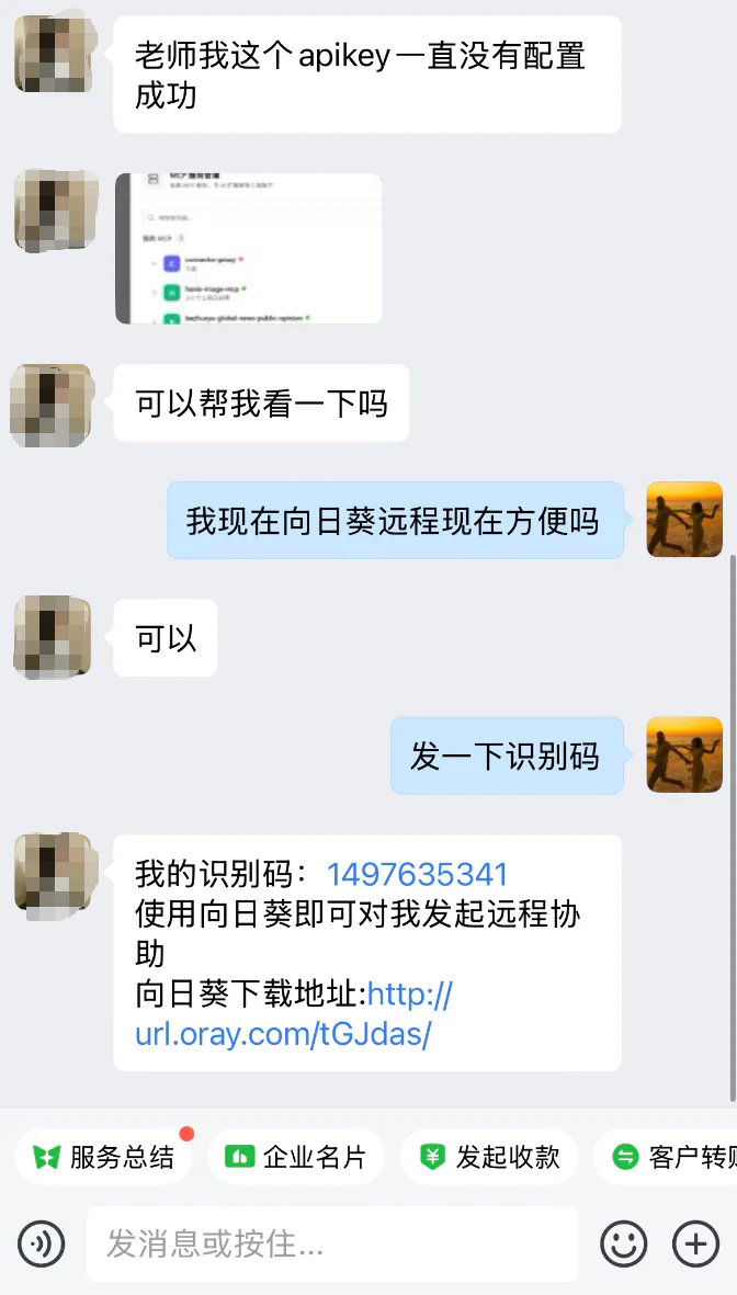 老师远程协助学员解决 API Key 配置问题的真实反馈截图